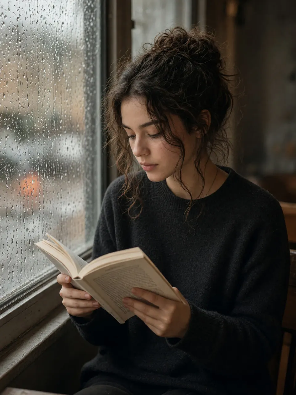 雨窗边读书的女孩 · Grok Imagine Image 生成