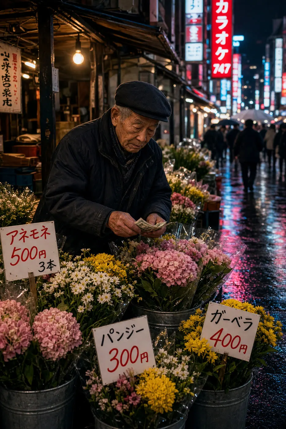 东京夜市卖花的老人 · Grok Imagine Image 生成