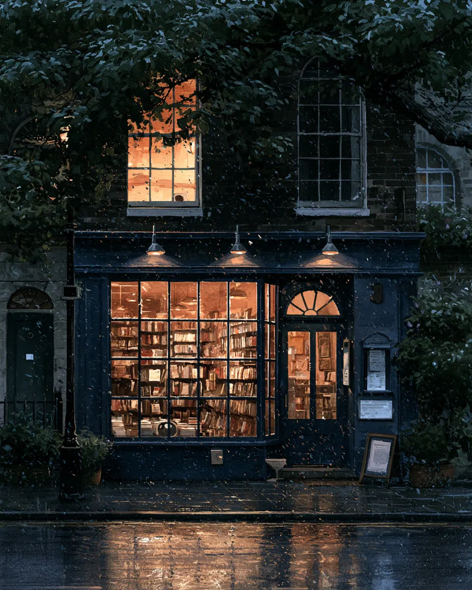 雨夜书店水彩 · Midjourney v8.2 生成